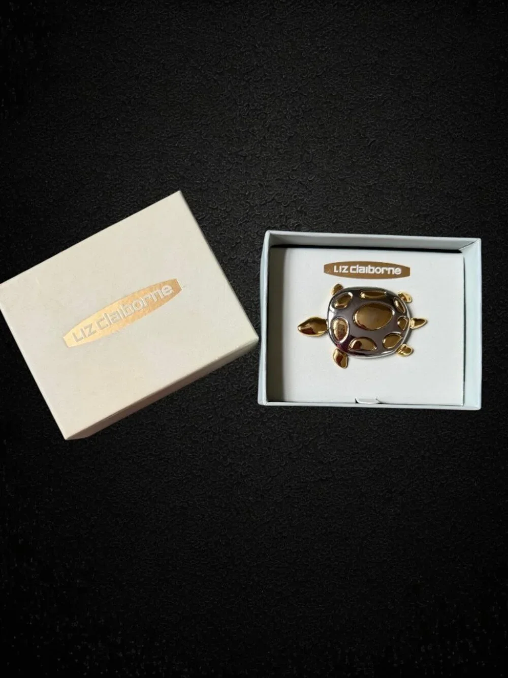 Vintage Y2K Liz Claiborne Sea Turtle Brooch Gold Silver Coastal Pin Boxed